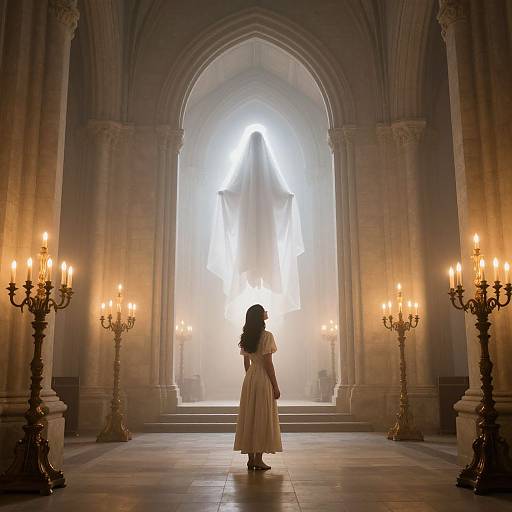 Photograph of a young girl in a white dress standing in a misty, grand cathedral, facing a glowing, silhouetted figure under an