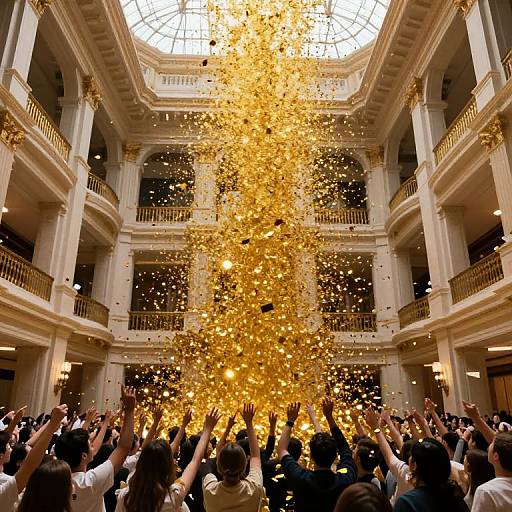 Photograph of a crowd in an elegant, multi-story atrium with golden confetti raining down from the ceiling, raising hands in celebration.