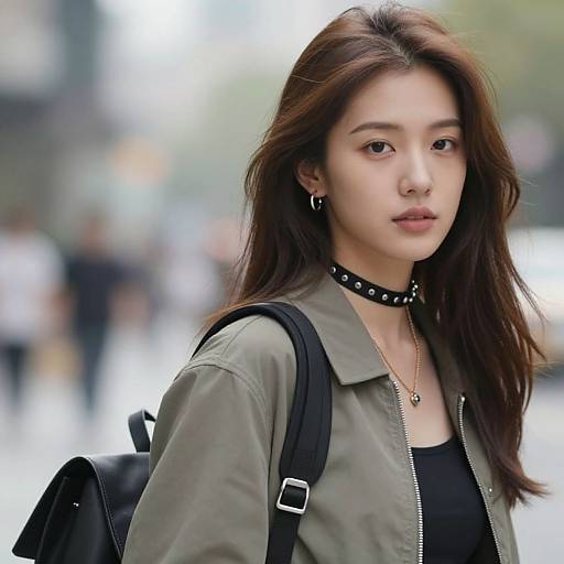 Photograph of an East Asian woman with long brown hair, wearing a green jacket, black choker, and backpack, standing outdoors. Blurred background