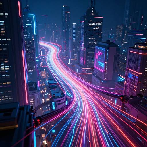 Neon-lit cityscape at night, photograph. Bright pink, blue, and white light trails curve through multi-story skyscrapers with colorful neon