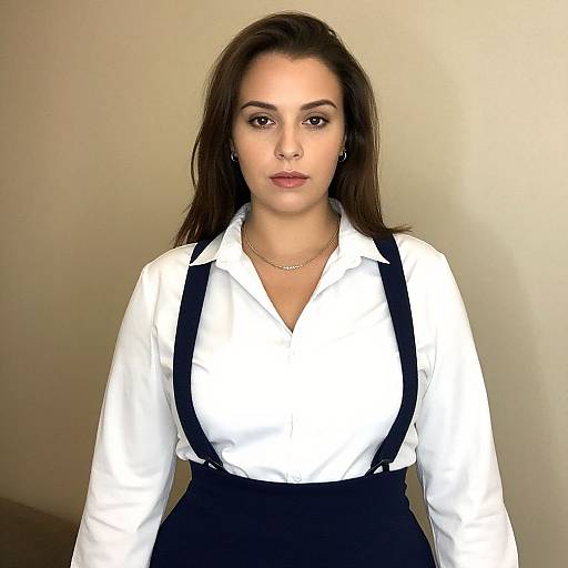 Photograph of a young woman with long brown hair, wearing a white button-up shirt, black suspenders, and a black skirt, against a plain