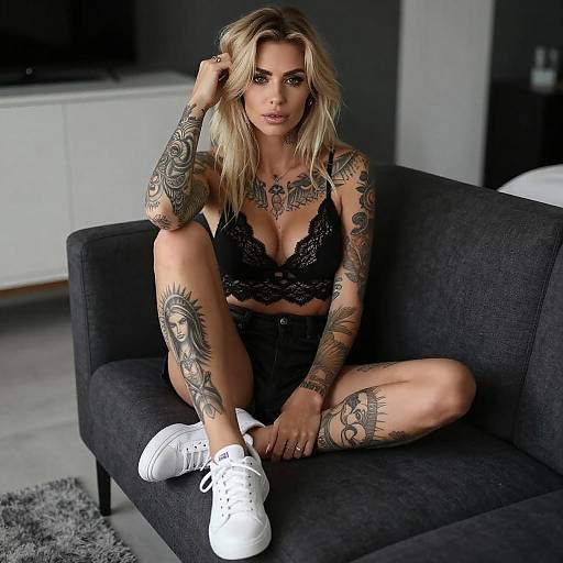 Blonde Tattooed Woman in Modern Room