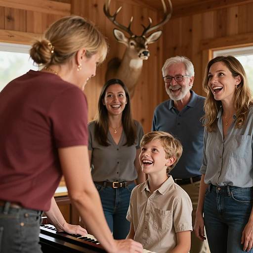 Family enjoying music in cozy wooden room