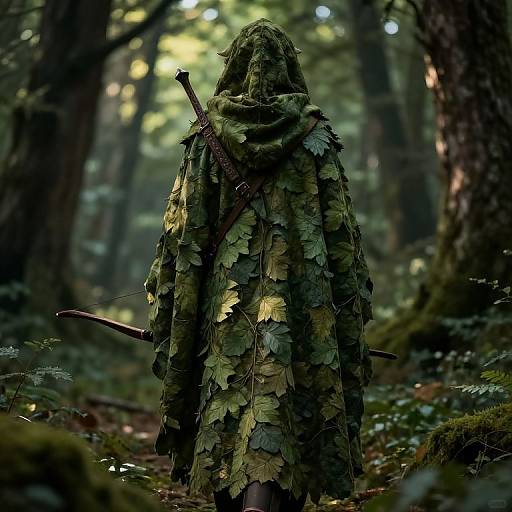 Photograph of a forest warrior in a leafy cloak, carrying a sword, standing amidst tall trees with dappled sunlight.