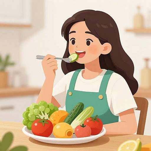 Digital illustration of a smiling woman with long black hair, wearing a green apron over a white shirt, eating a green vegetable with a fork. Vibr