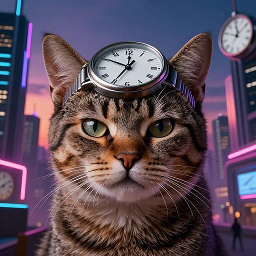 Photorealistic image of a tabby cat with a clock on its head, set against a neon-lit, futuristic cityscape at sunset.
