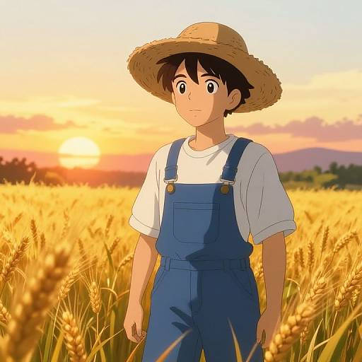 Anime-style drawing of a young boy with short black hair, wearing a straw hat, white shirt, and blue overalls, standing in a golden wheat