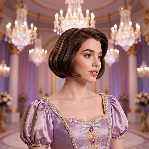 Digital rendering of a young woman with short brown hair, wearing a lavender, puffed-sleeve dress with gold embroidery, in an opulent,