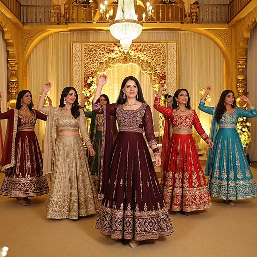 Photograph of six Indian women in traditional, intricately embroidered lehengas, dancing in an ornate, golden-lit hall with a chandelier