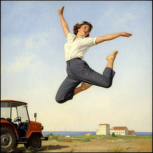 Photograph of a joyful man mid-air jump, wearing a white shirt and dark pants, beside a red tractor, under a clear blue sky. Rural
