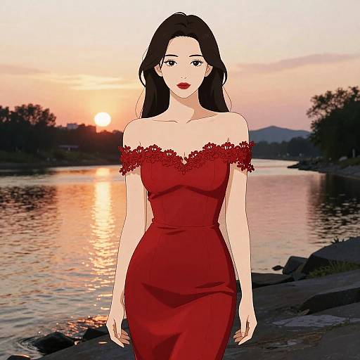 Digital anime-style drawing of a beautiful woman with long black hair, red off-shoulder dress, and red lipstick, standing by a sunset-lit