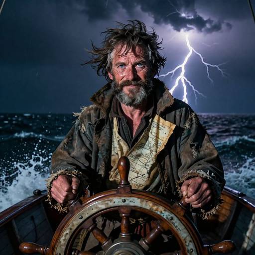 Photograph of a rugged, bearded man with wild hair steering a ship during a storm, illuminated by a bright lightning bolt.