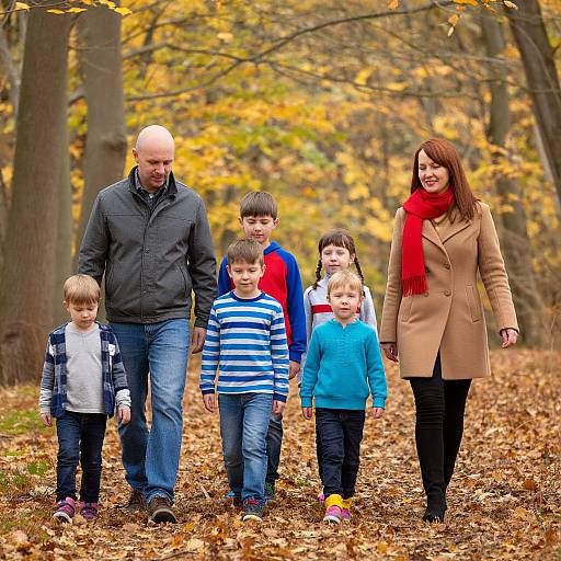 Photograph of a bald, bearded man in a black jacket, with a red-scarf-wearing woman, and five children in autumn forest