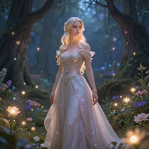 Digital fantasy artwork of a blonde woman in a glowing, off-shoulder, silver gown standing in a magical, glowing forest with fireflies and vibrant