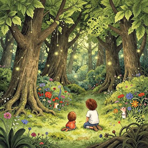 Digital illustration: Two children with brown hair, one in red, one in white, sitting on grass in a sunlit, enchanted forest, surrounded by