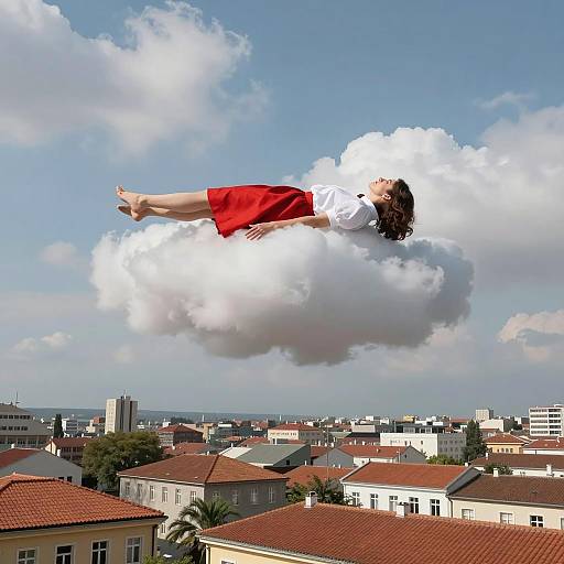 Woman Levitation on Inverted Cloud Over Cityscape
