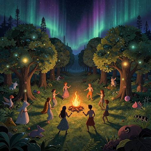 Magical forest night scene: Children dancing around a campfire, surrounded by glowing trees, fairy lights, and aurora borealis, with whimsical