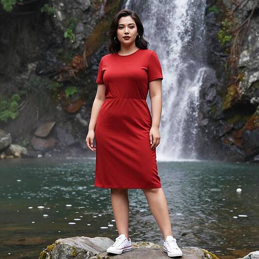 Photograph of a curvy woman with medium skin tone, black wavy hair, wearing a red dress and white sneakers, standing on a rock in