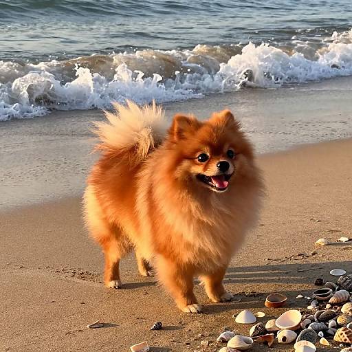 Fluffy, orange Pomeranian dog with black nose and tongue out, standing on sandy beach with waves in background and scattered shells.