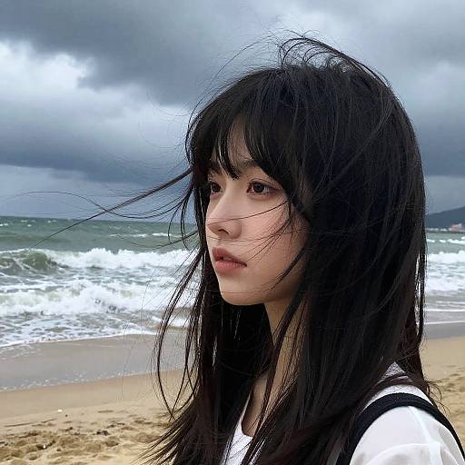 Stormy Beach with Black Hair Bangs