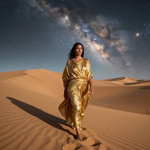 Photograph of a woman with long dark hair in a shiny gold robe walking through a starry desert night, with sand dunes and the Milky Way