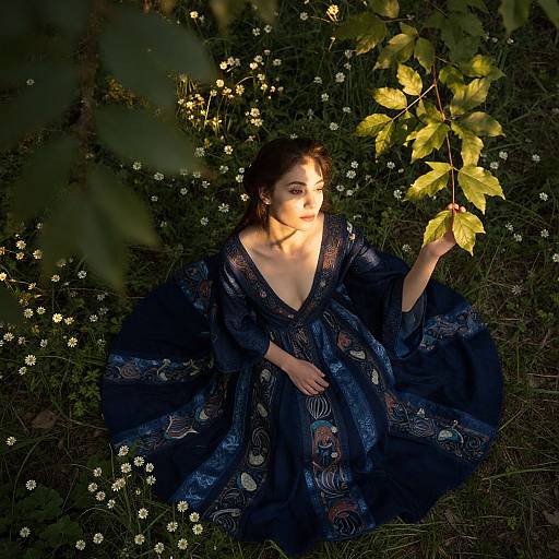 Photograph of a woman in a dark, ornate kimono, sitting in a sunlit forest, holding a yellow leaf, surrounded by white flowers