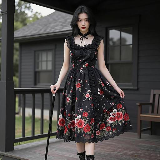 Elegant Asian Woman on a Wooden Porch