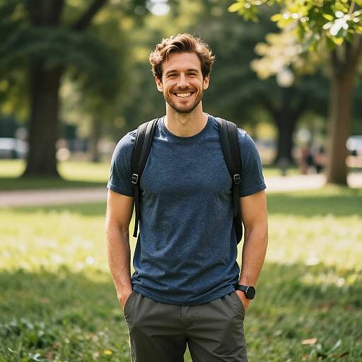 Photograph of a smiling, young, white man with brown hair and beard, wearing a blue shirt, black backpack, and gray pants, standing in