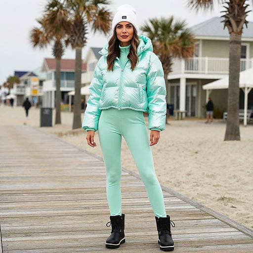 Photograph of a woman with long brown hair, wearing a light turquoise puffer jacket, matching leggings, black boots, and white cap, standing on