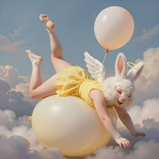Digital artwork of a white-furred, angelic rabbit with wings and a yellow dress, floating among clouds, holding a balloon, lying on a large