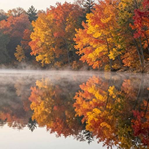 Photograph of a serene lake reflecting vibrant autumn trees with red, orange, and yellow leaves, shrouded in morning mist.