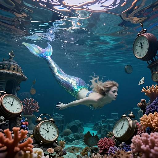 Photograph of a shimmering blue mermaid with flowing brown hair, swimming underwater among floating clocks and colorful coral, surrounded by rippling water reflections.