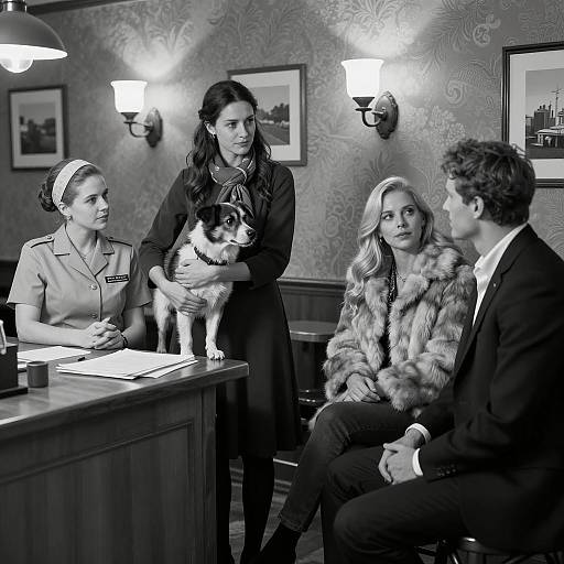 Black and White Vintage Style Indoor Scene with Four People and Dog