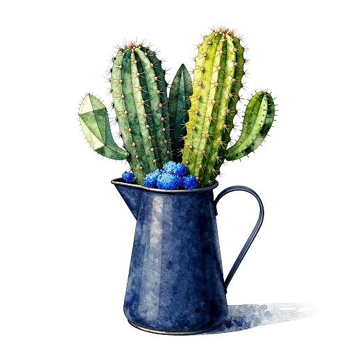 Navy Blue Pitcher with Cacti and Blue Moss