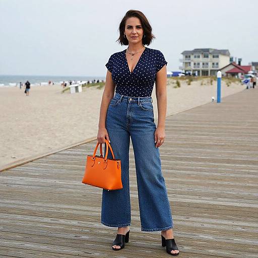 Photograph of a stylish woman with short brown hair, wearing a polka dot blouse, high-waisted blue jeans, black heels, and holding
