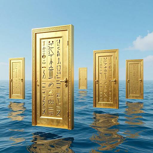 Golden, ancient Egyptian-style doors with hieroglyphics, floating upright in a calm, blue ocean under a clear sky. Digital art.