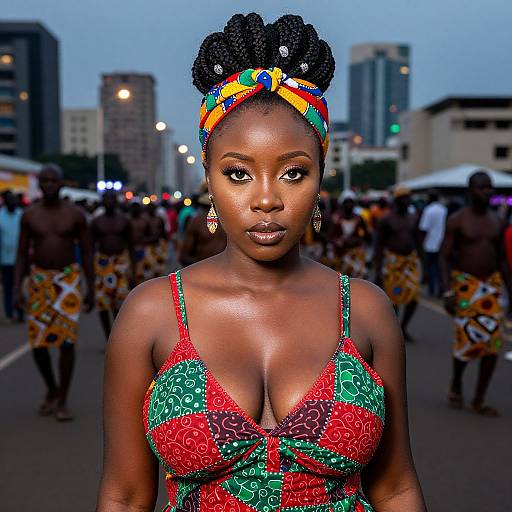 Photograph of a confident Black woman with dark skin, wearing a colorful patterned red and green dress, and a matching headwrap, standing in a