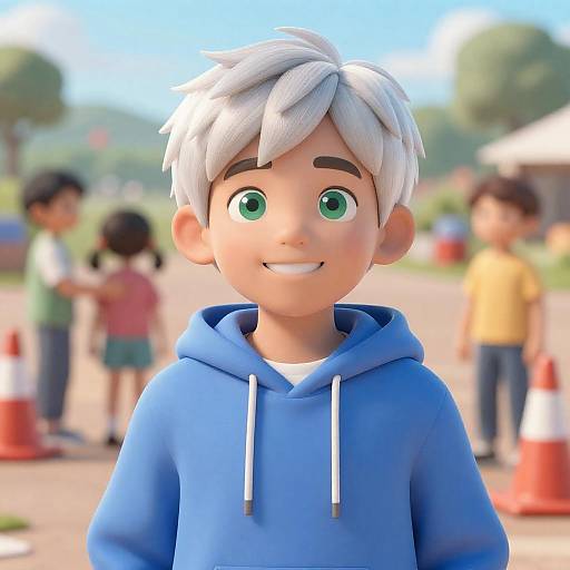 Cheerful Boy with White Hair in Hoodie