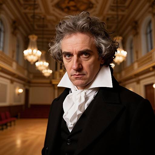 Photograph of an older man with gray, wavy hair, wearing a black coat and white cravat, standing in an ornate, grand