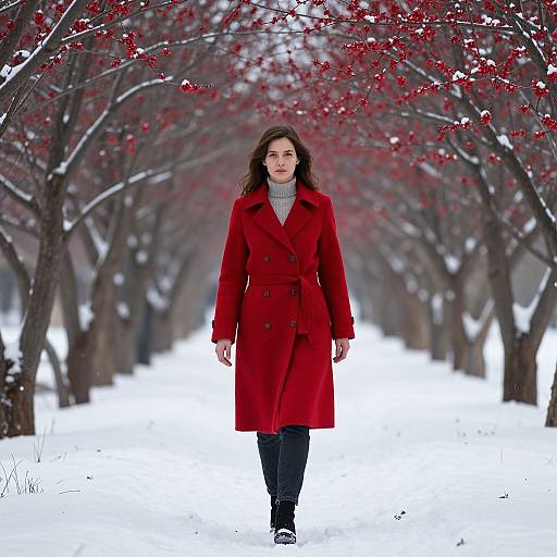 Photograph of a woman with wavy brown hair, wearing a red coat, gray turtleneck, and black pants, walking through a snowy,
