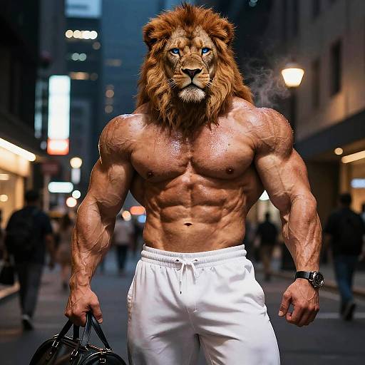 Photograph-style CGI: Muscular anthropomorphic lion with blue eyes, brown mane, and defined abs, wearing white pants, holding black bag, standing