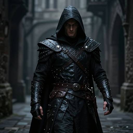 Dark, brooding medieval warrior in black, armored hooded robe with metal shoulder plates and belt, standing in dim, Gothic alleyway. Photograph.