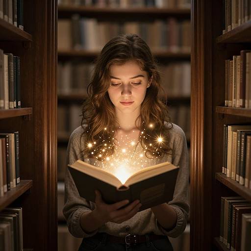 Photograph of a young woman with wavy brown hair, wearing a gray sweater, reading a glowing, magical book surrounded by sparkles, between two