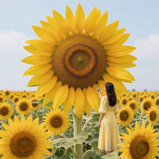 Photograph of a woman in a yellow dress standing before a massive sunflower, surrounded by a vibrant sunflower field under a clear blue sky.