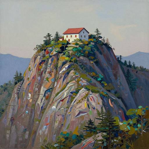 Painting of a white house with a red roof perched on a colorful, rocky mountain peak, surrounded by trees and distant mountains.