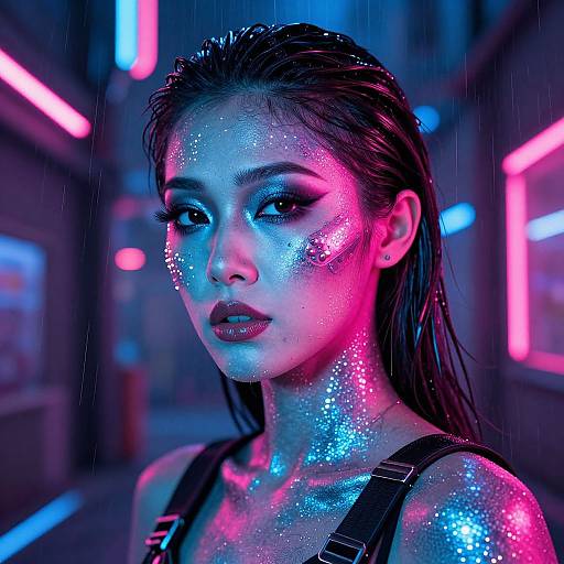 Neon-lit, cyberpunk-style photograph of a wet, Asian woman with glowing, multicolored face paint, dark lipstick, and wet hair