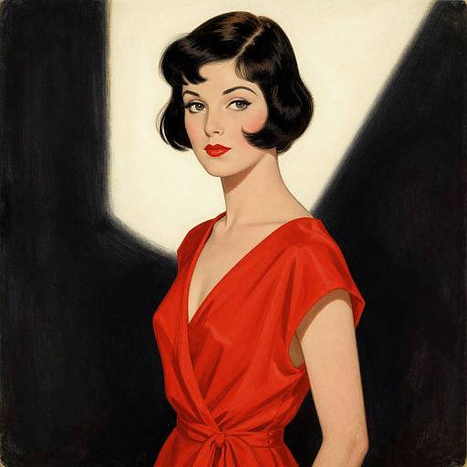 Digital illustration of a 1940s-style woman with short black hair, red lipstick, and a vibrant red dress, set against a black and white