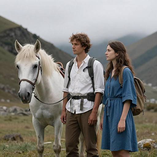 Couple Beside White Horse in Mountains