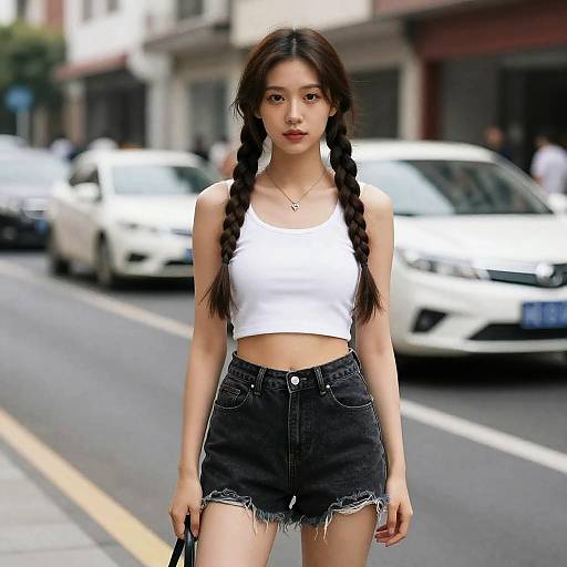 Young Woman with Braided Hair Standing on Street