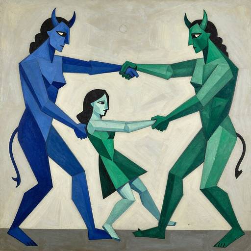 Cubist Style Devils Tugging Girl